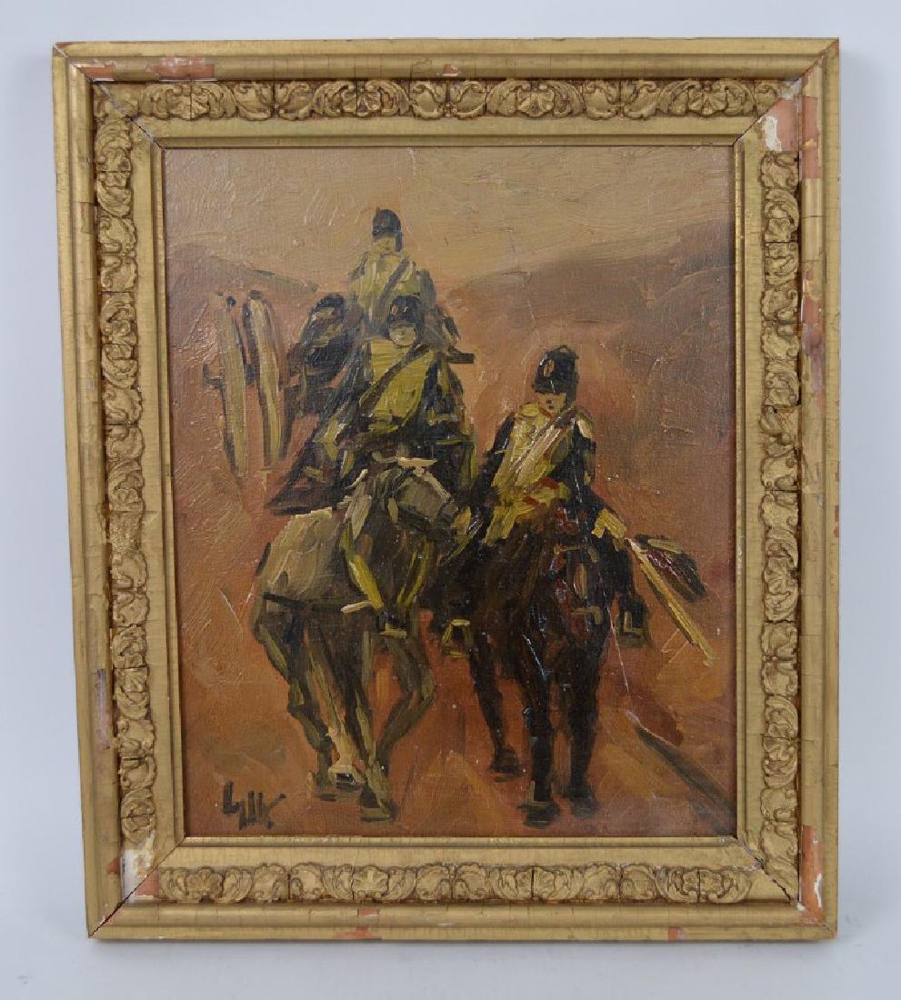 Attributed to: George Hendrik Breitner Dutch -Oil: Attributed to: George Hendrik Breitner Dutch -Oil Painting on Board, Soldiers on Horses, 15 x 12 inches