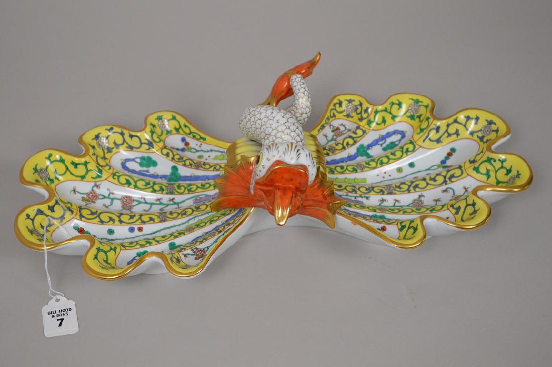 Herend Figural Dolphin Porcelain Serving Dish.: Herend Figural Dolphin Porcelain Serving Dish. Condition: one small chip on the tail. Ht. 5 1/2" W. 18" D. 8 3/4"