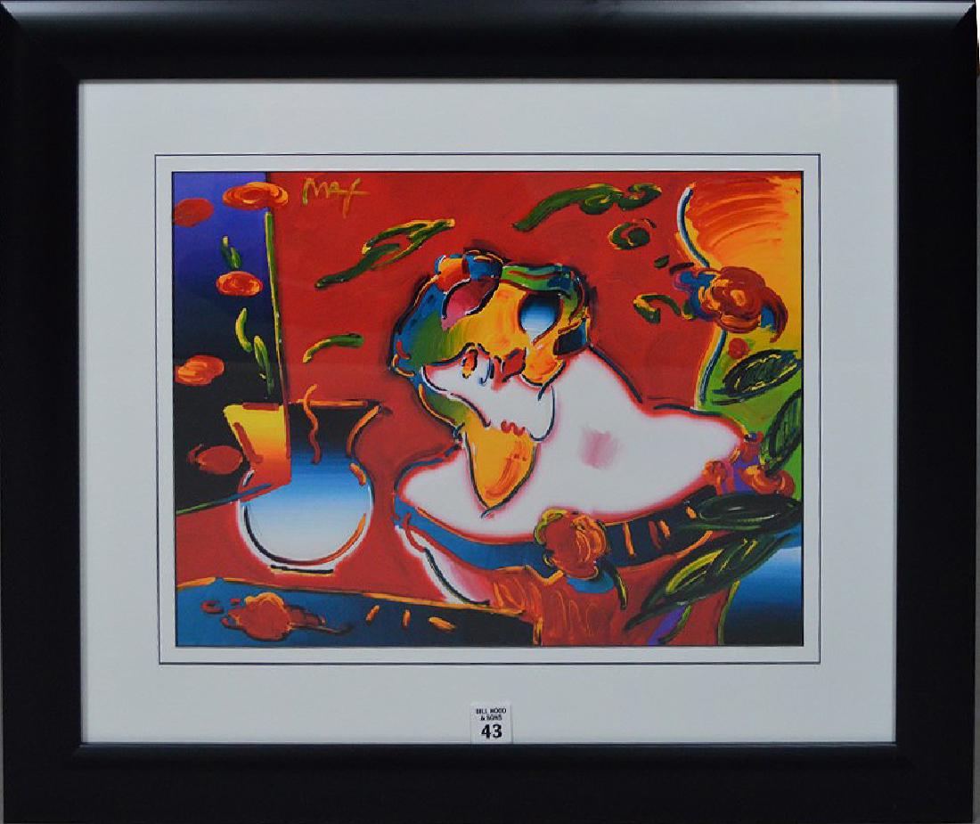 Peter Max Print of woman looking down at flower on: Peter Max Print of woman looking down at flower on table, 20 x 25 inches