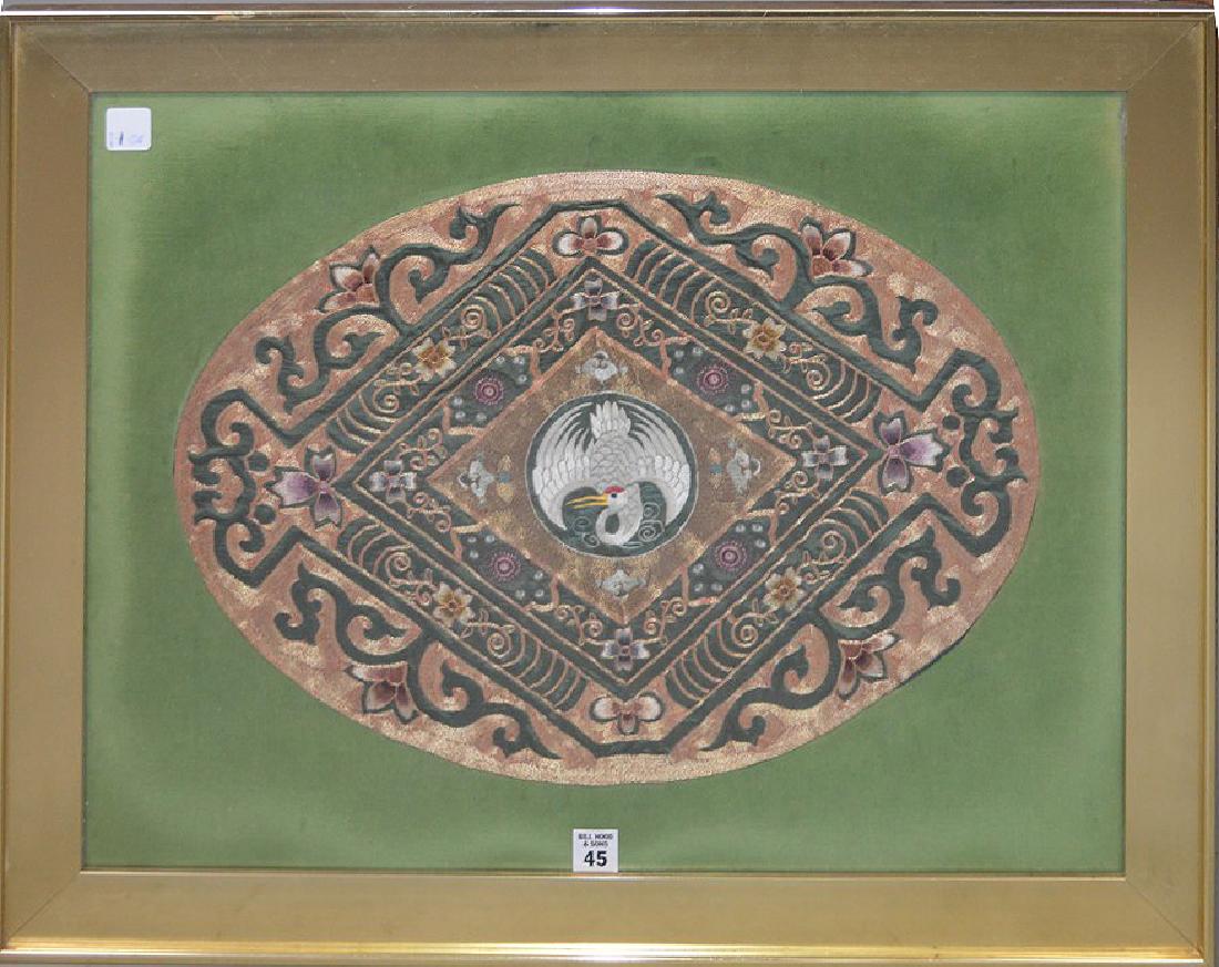 Rare Chinese Qing Dynasty Embroidery Oval Panel. Worked: Rare Chinese Qing Dynasty Embroidery Oval Panel. Worked in satin stitch with couched gold & silver beaded threads depicting a large center Phoenix with a floral background. Finely woven and in good co