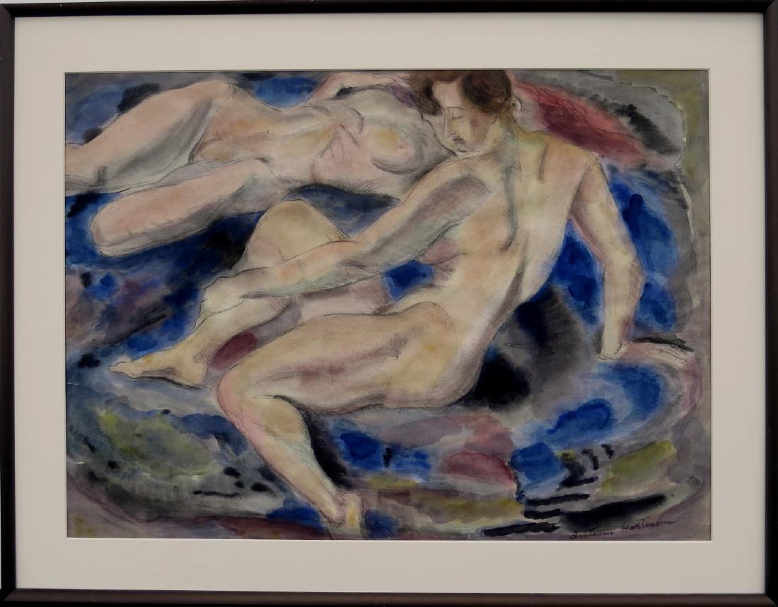 BERTRAM HARTMAN, (NYC, 1882-1960), Watercolor/Paper,: BERTRAM HARTMAN, (NYC, 1882-1960), Watercolor/Paper, TWO FEMALE NUDES, 21 inches x 29 inches (sight), signed “Bertram Hartman” lower right, bears estate stamp, verso. Matted and framed in brown me