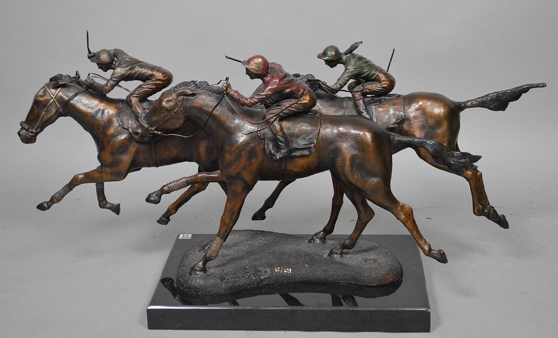 BRONZE HORSE RACE SCULPTURE Duane Scott -Win Place Show: BRONZE HORSE RACE SCULPTURE -by Duane Scott (Am. 20th Century) titled: Win, Place, and Show Bronze with polychrome, 40 inches long x 19 inches (48.3 cm) high on a 2 inch (5.1 cm) high marble base insc