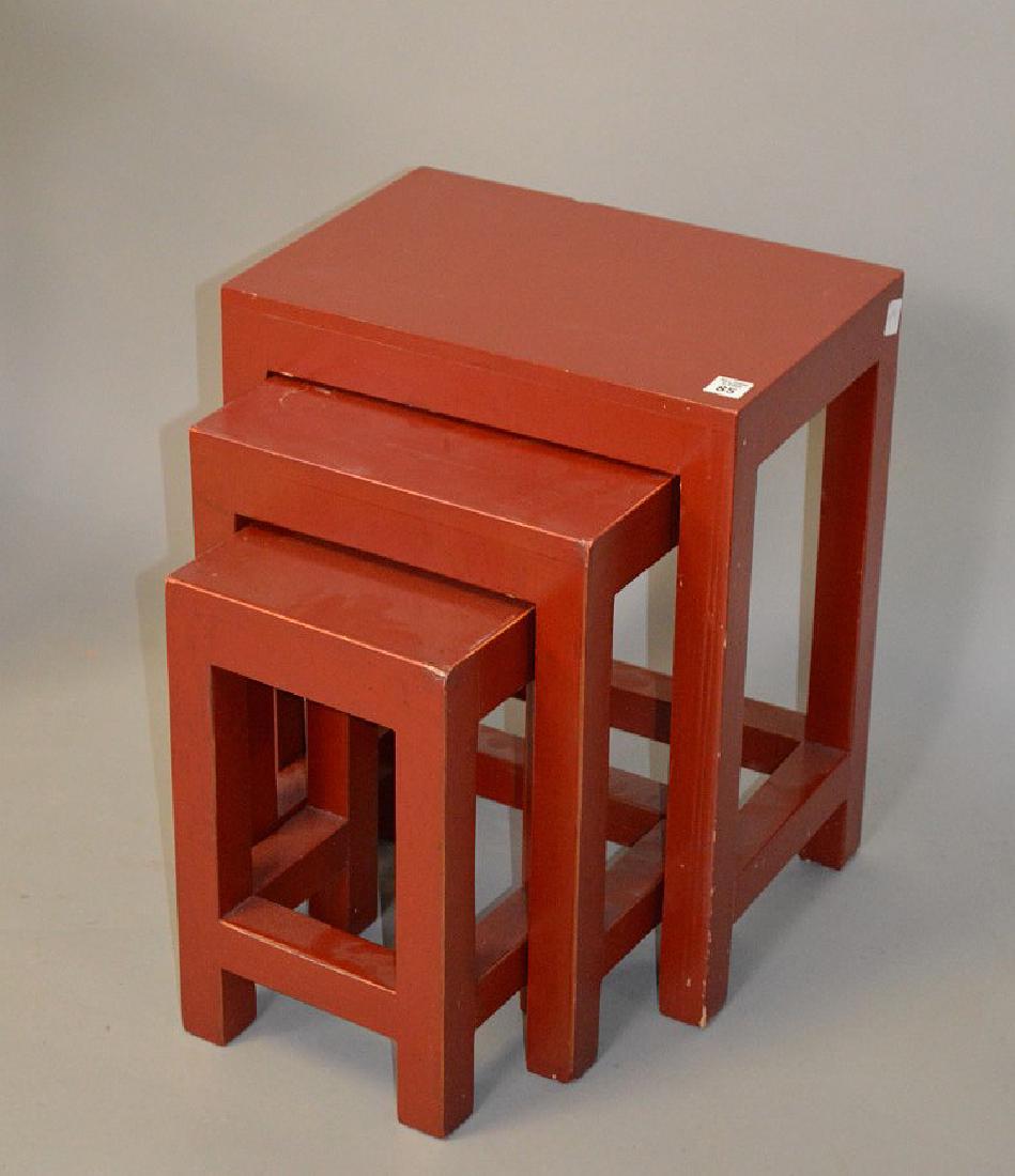 Red lacquer (3) nest of tables, 20"h x 16"w x 11"d: Red lacquer (3) nest of tables, 20"h x 16"w x 11"d