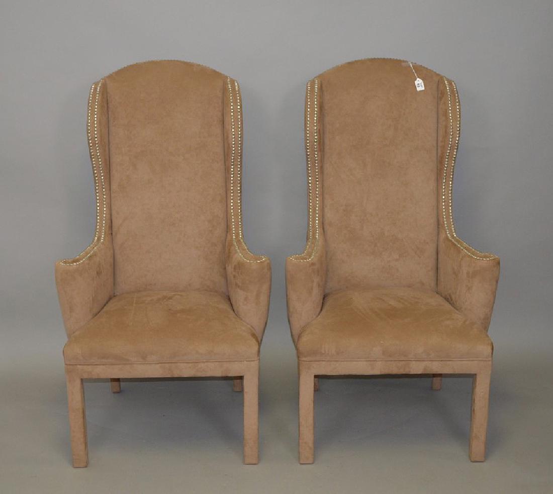Pair suede small wing back chairs with silvered nail: Pair suede small wing back chairs with silvered nail heads, 49 1/2"h x 28"w x 19"d (16"wide at back of seat) (fine condition)
