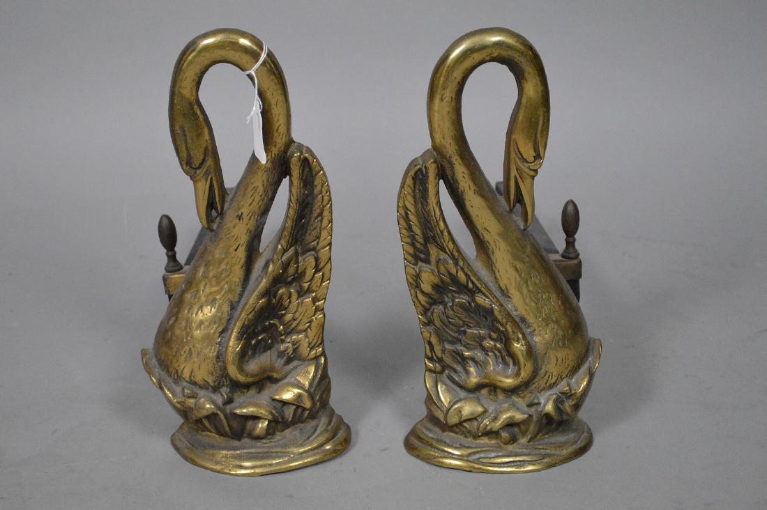 Brass fireplace tools with pair brass swan andirons: Brass fireplace tools with pair brass swan andirons