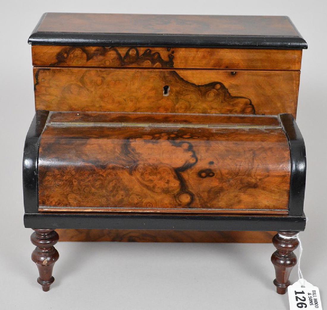 Miniature burled wood "Piano" ink stand, 8 1/2"h x 10"w: Miniature burled wood "Piano" ink stand, 8 1/2"h x 10"w x 8"d