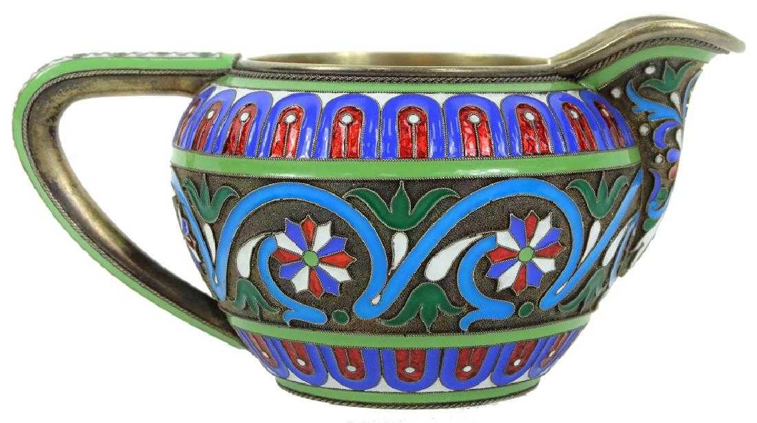Russian Gilt Silver Enamel Creamer By Grachev. Stamped.: Russian Gilt Silver Enamel Creamer By Grachev. Stamped. 88. Condition : Very Good. Measures 2 1/2 inches high x 5 inches long x 3 1/2 inches deep. Approx. 152.2 grams.