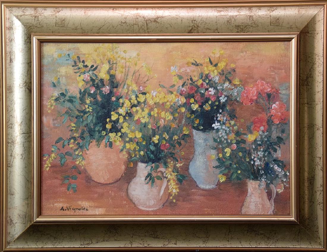 Andre Vignoles (French 1920-2001) oil on canvas, Table: Andre Vignoles (French 1920-2001) oil on canvas, Table full of Flowers, painting 14-1/2 x 21-1/2 inches