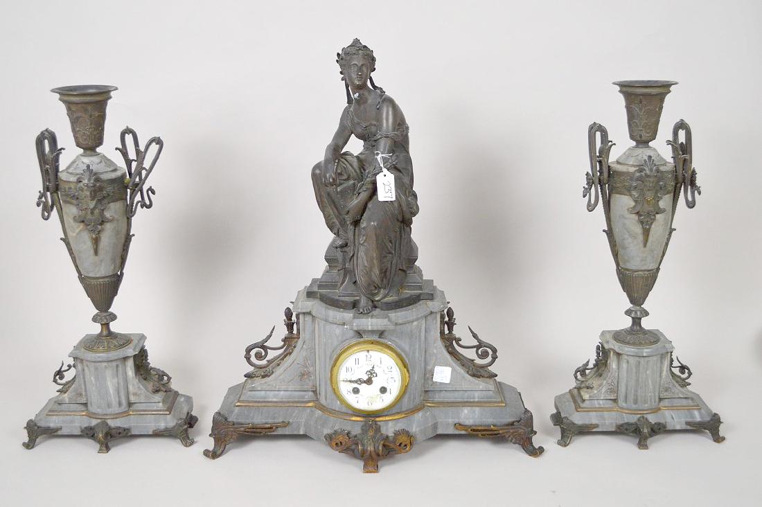Victorian 3 pc. Garniture set, grey marble, 23"h x 19"w: Victorian 3 pc. Garniture set, grey marble, 23"h x 19"w x 10"d tallest (2 loose pieces)