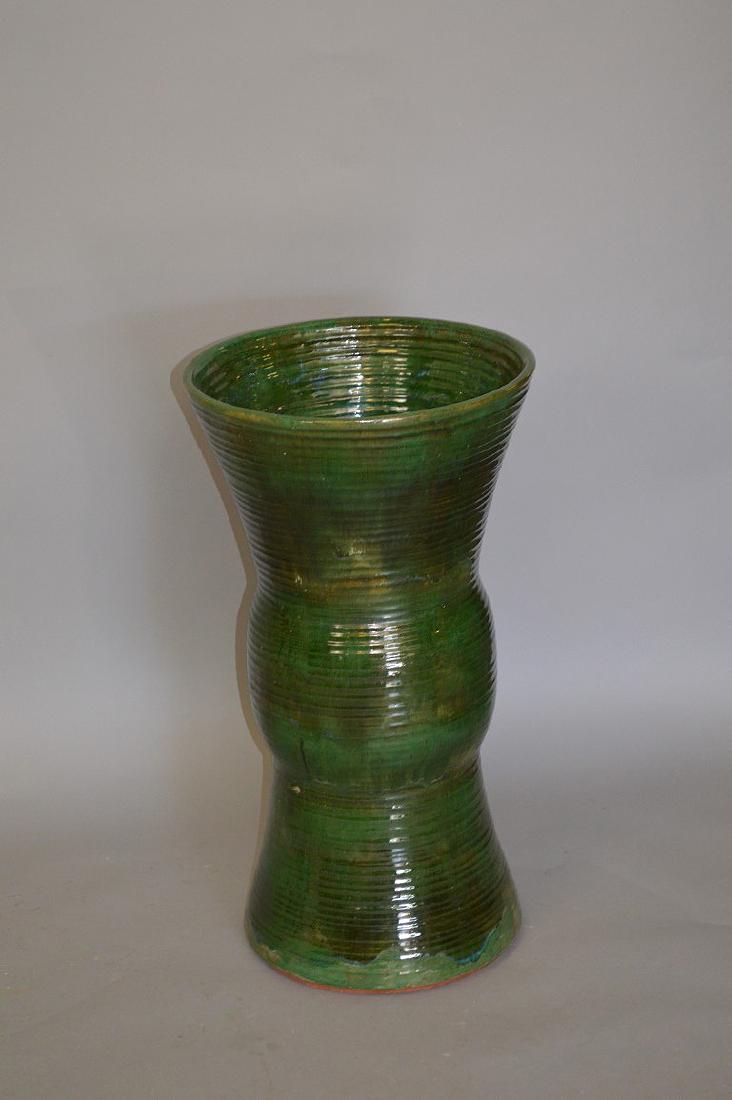 Green ribbed shaped pottery umbrella stand, 26"h x 14"w: Green ribbed shaped pottery umbrella stand, 26"h x 14"w