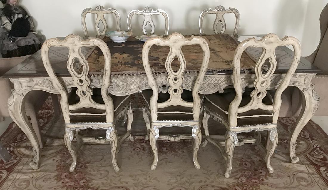 Heavily carved dining table with parquetry style top,: Heavily carved dining table with parquetry style top, white wash with grey accents & 6 matching chairs, 2 leaves (18" wide each leaf), 31 1/2"h x 84"w x 41"d