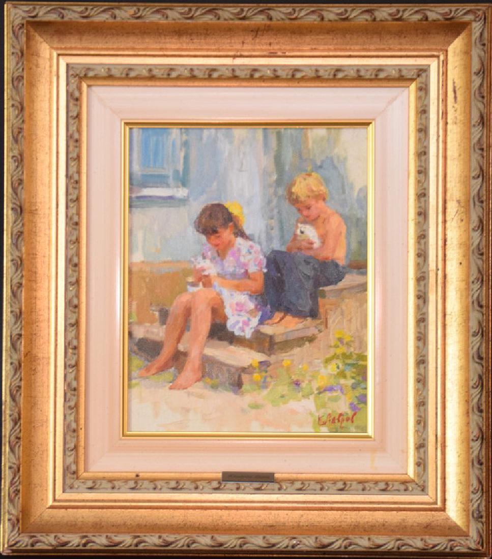 Konstantin Lavrov (Russian born 1943) oil on canvas,: Konstantin Lavrov (Russian born 1943) oil on canvas, boy and girl w/ cats on stoop, 9-1/2 x 7-1/2 inches