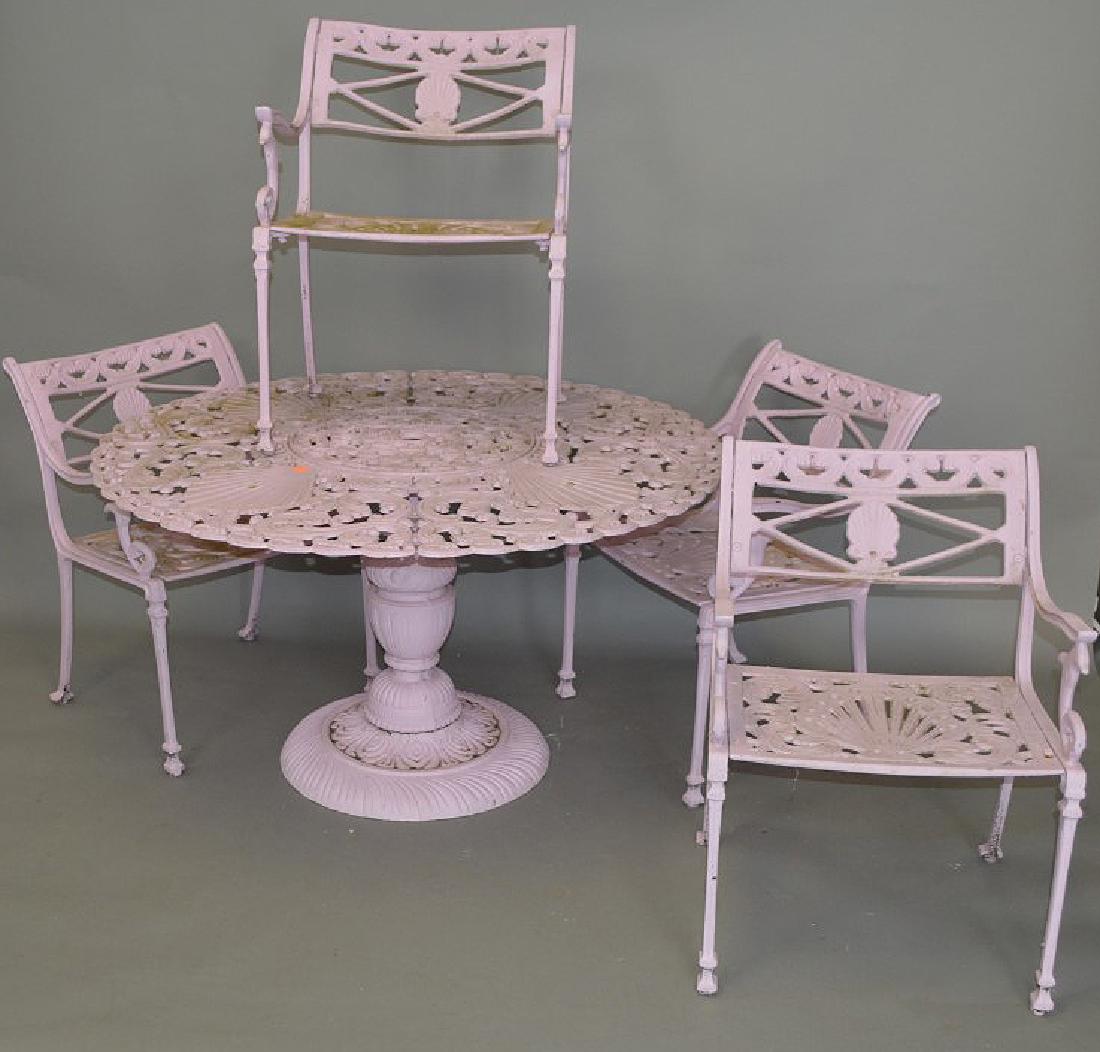 Painted pink patio table, shell motif with 4 dolphin: Painted pink patio table, shell motif with 4 dolphin handle arm chairs