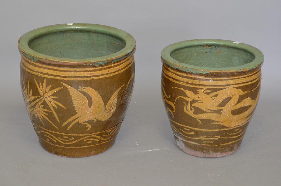 2 Chinese brown pottery jardinières/egg crates: 2 Chinese brown pottery jardinières/egg crates