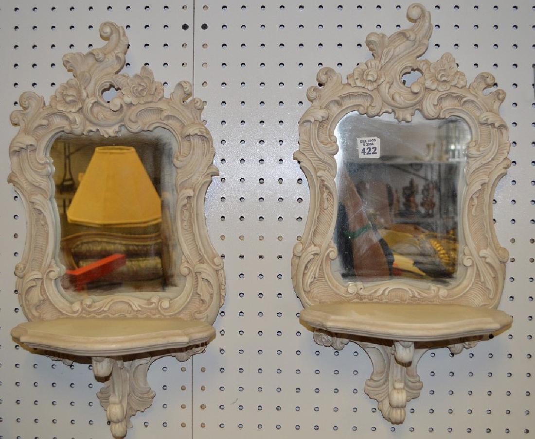 Pair diminutive painted rococo frame mirrored wall: Pair diminutive painted rococo frame mirrored wall brackets, 21"h x 10"w