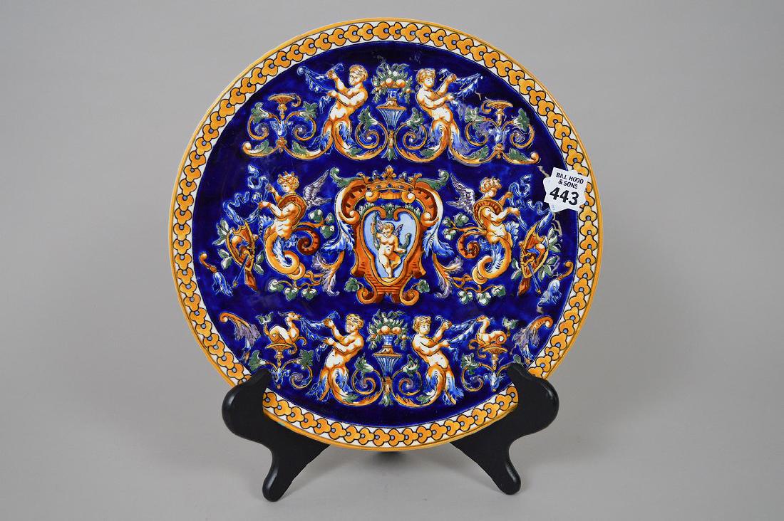 Majolica plate, cobalt with classical motif, Gien: Majolica plate, cobalt with classical motif, Gien France, 12"dia