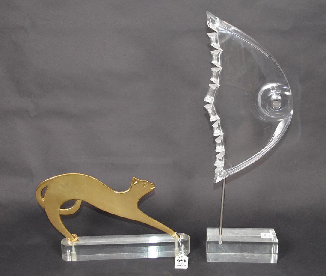 Sculptures, Brass cat on Lucite base (8"h x 11"w) and: Sculptures, Brass cat on Lucite base (8"h x 11"w) and Lucite fish on stand (20"h)