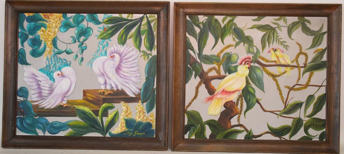 Hugo Gnam (Swiss 1899-1997) 2 Vintage Deco original oil: Hugo Gnam (Swiss 1899-1997) 2 Vintage Deco original oil Paintings of Birds on branches, swiss-born, NYC-based Art Deco designer and painter, painting size approx. 17 x 19 inches each, overall framed s