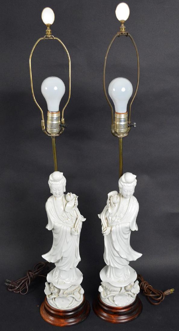 Pair Blanc de Chine figural Quan Yin porcelain lamps, (1 of 9)