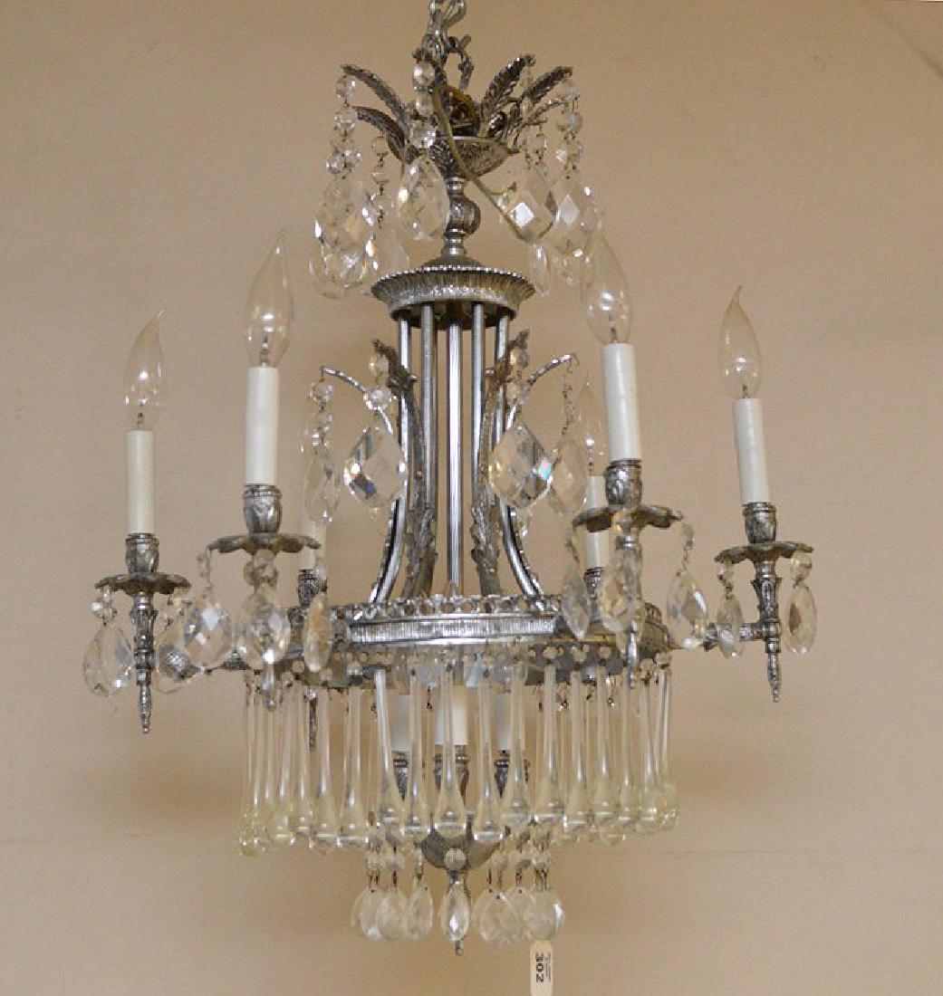 Chandelier 6 lights, silvered metal frame with prisms, (1 of 6)