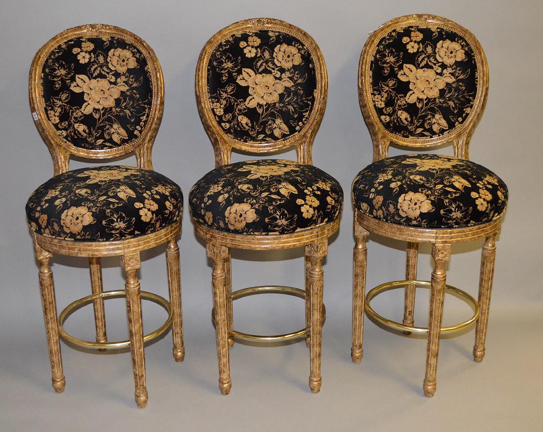 3 gilded bar stools with black & gold upholstered: 3 gilded bar stools with black & gold upholstered seats, 49"h x 20"w x 22"d