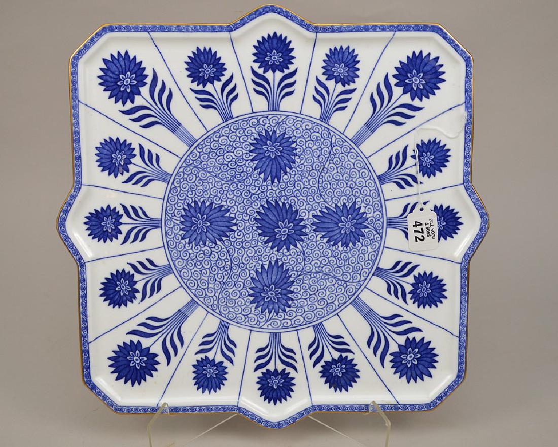 QUATRA FOIL MINTON FLAT TRAY. Blue dahlia pattern with: QUATRA FOIL MINTON FLAT TRAY. Blue dahlia pattern with numbers in underglaze red and incised Minton mark circa 1830. Condition good no chips or cracks Shipping: Our Gallery offers shipping for this it