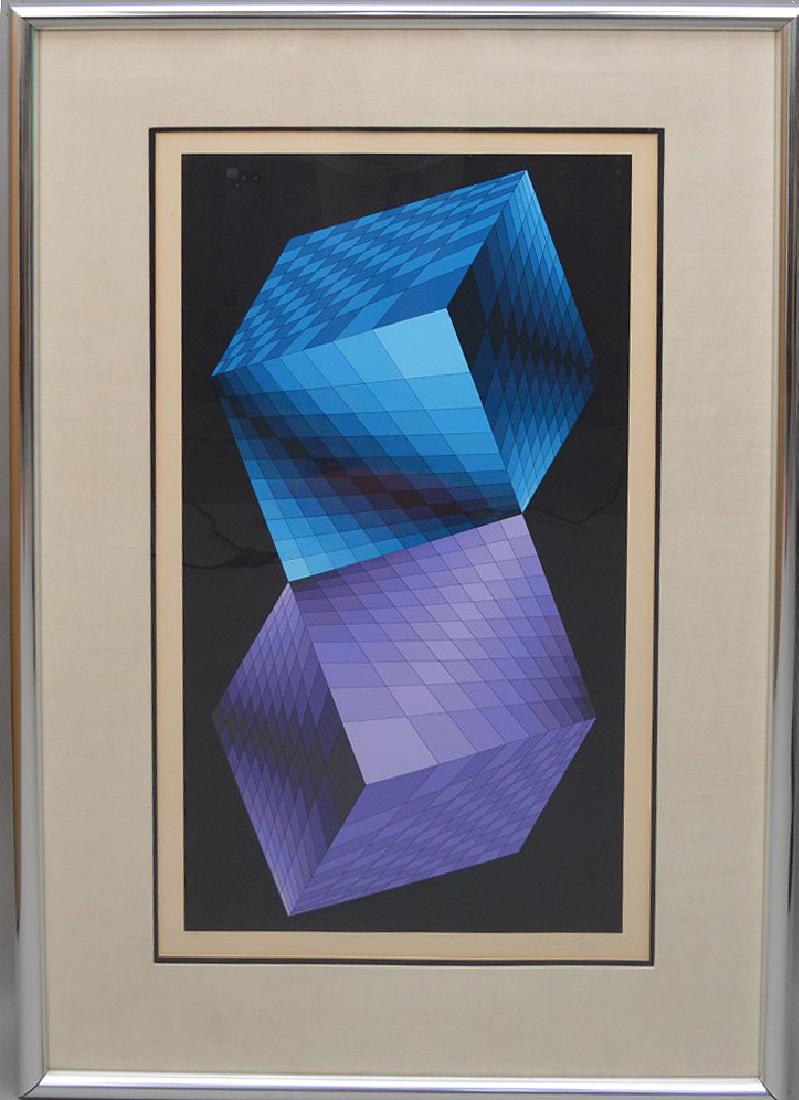 Victor Vasarely (1906 – 1997) ?French/Hungarian, 20th: Victor Vasarely (1906 – 1997) ?French/Hungarian, 20th Century Two Twisting Cubes Color serigraph?Signed lower right in margin in pencil, “Vasarely”?Numbered lower left in pencil, “121/225”?H