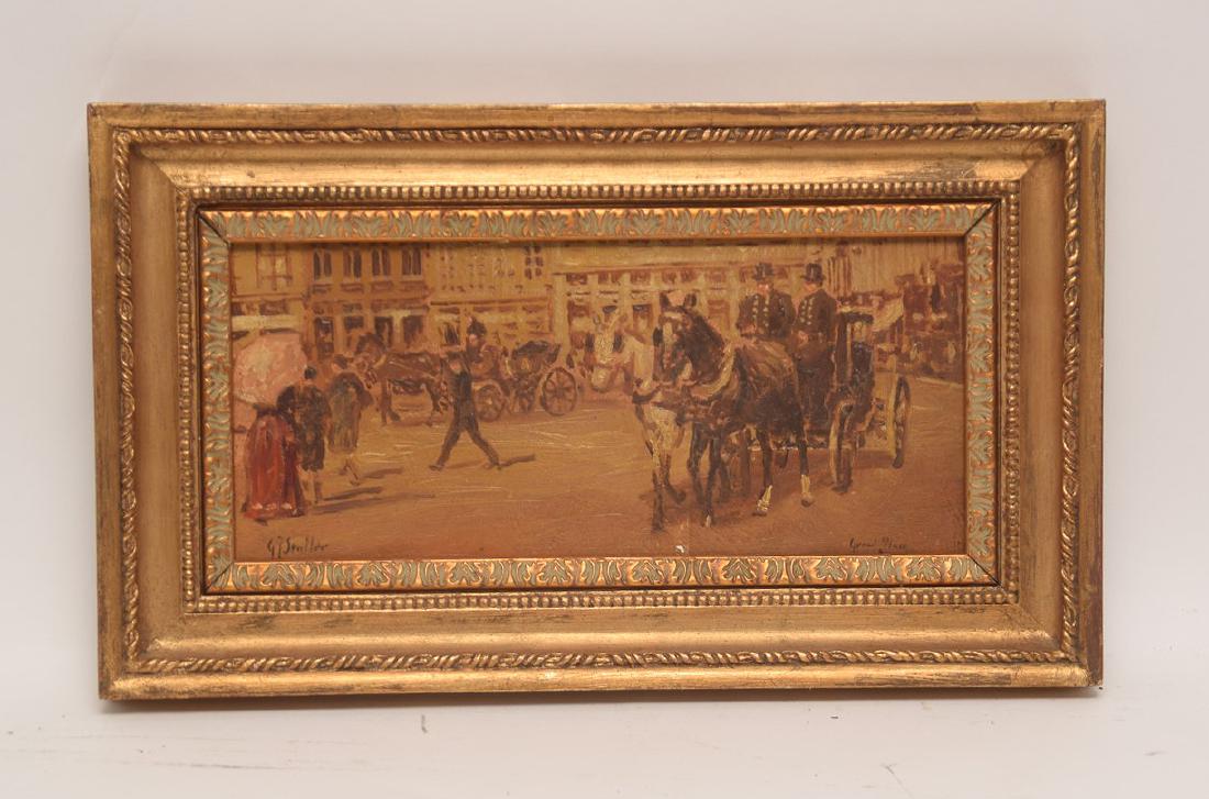 Gerard Johan Staller (Netherlands 1880 - 1956) oil on: Gerard Johan Staller (Netherlands 1880 - 1956) oil on board, Town View with horse and carriages, 5 x 11 inches This item is available for in house shipping contact Maria 561-351-2013 or email gidgett6