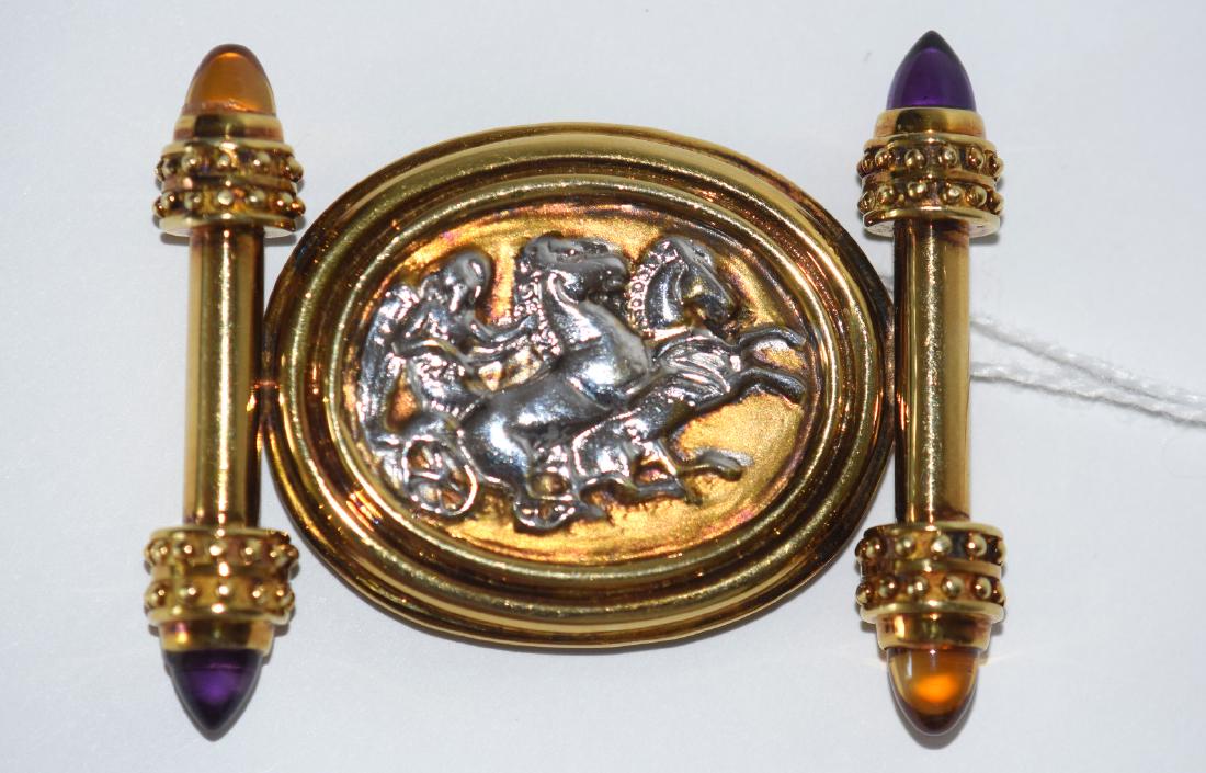 14k Yellow Gold Brooch Scroll Design with Chariot: 14k Yellow Gold Brooch Scroll Design with Chariot Horses, Weight 22.3 dwts, Size 2.25" x 2", Amethyst and citrine stones, Engraved David (Stern?) Condition good normal wear This item is available for 