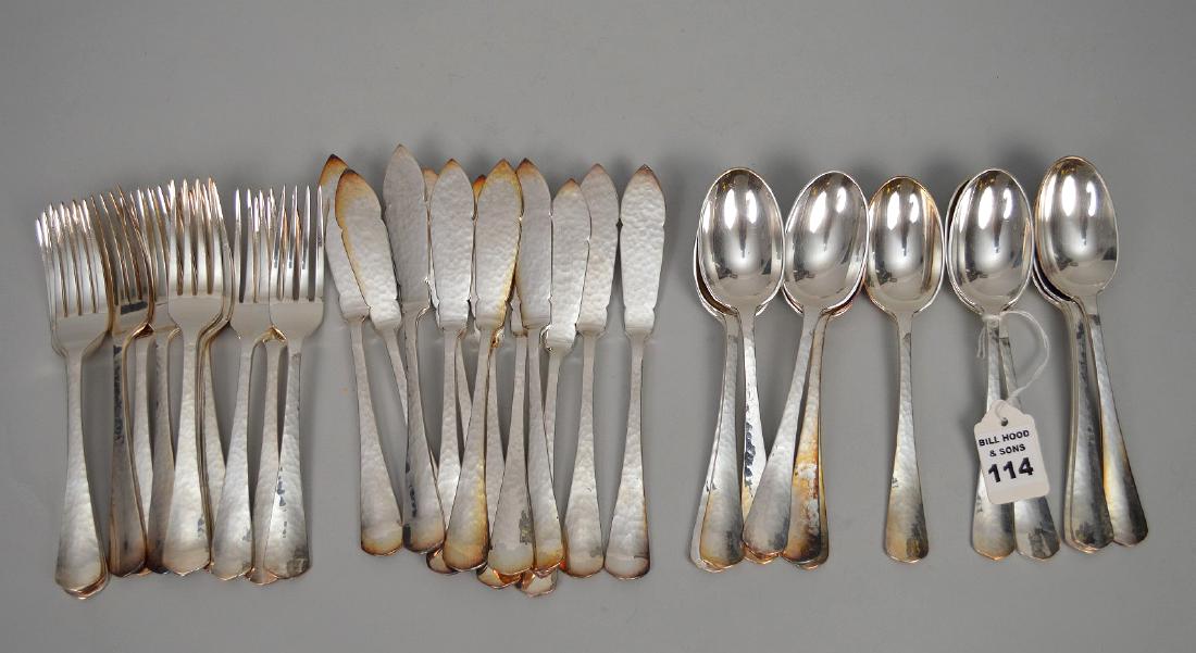 36 Pieces English Sterling Hand Hammered Flatware,: 36 Pieces English Sterling Hand Hammered Flatware, London, Probably C.J. Vander, Ltd 1886 (closed 2007),12 Forks Lth. 7 1/8", 12 Spoons Lth. 7", 12 Master Butters 7 1/2". Condition: good with minor no