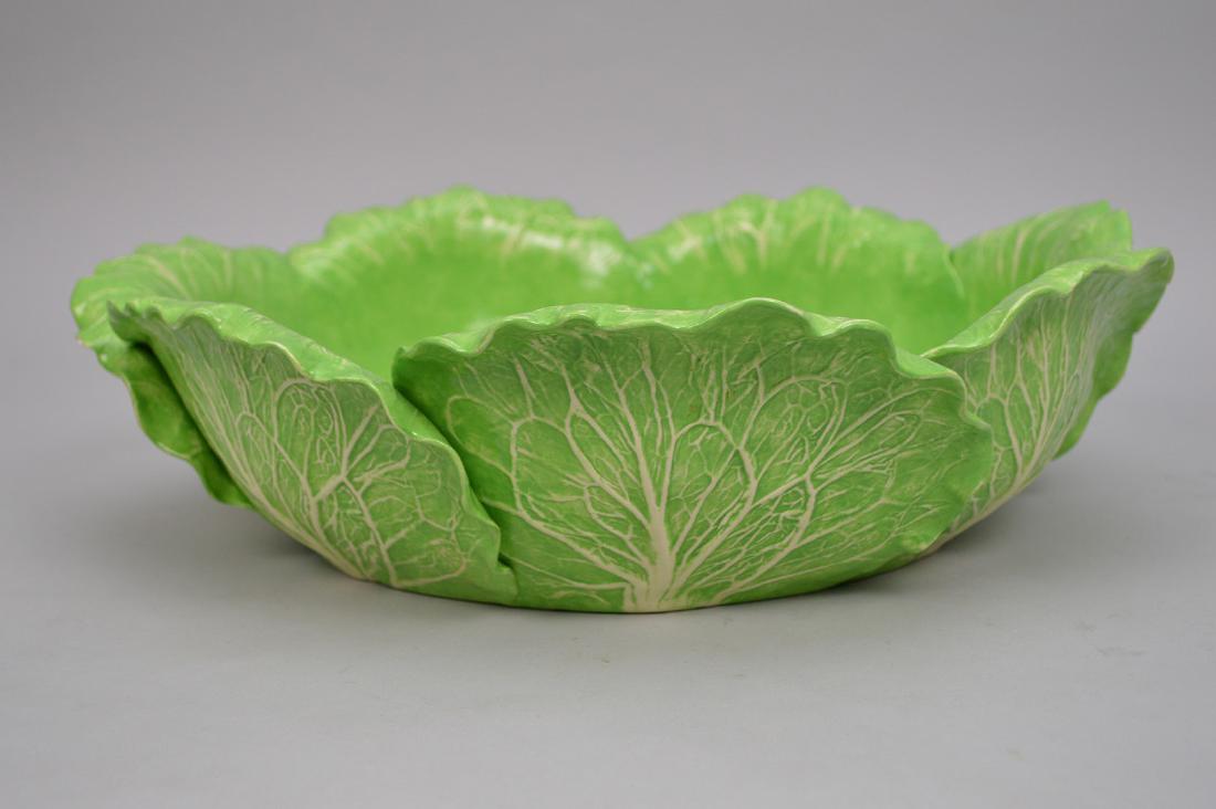 Large Dodie Thayer signed lettuce leaf bowl, 4"h x 14: Large Dodie Thayer signed lettuce leaf bowl, 4"h x 14 1/2"w overall good condition (2 small nicks under one leaf- bottom side)................... This item is available for in house shipping contact M