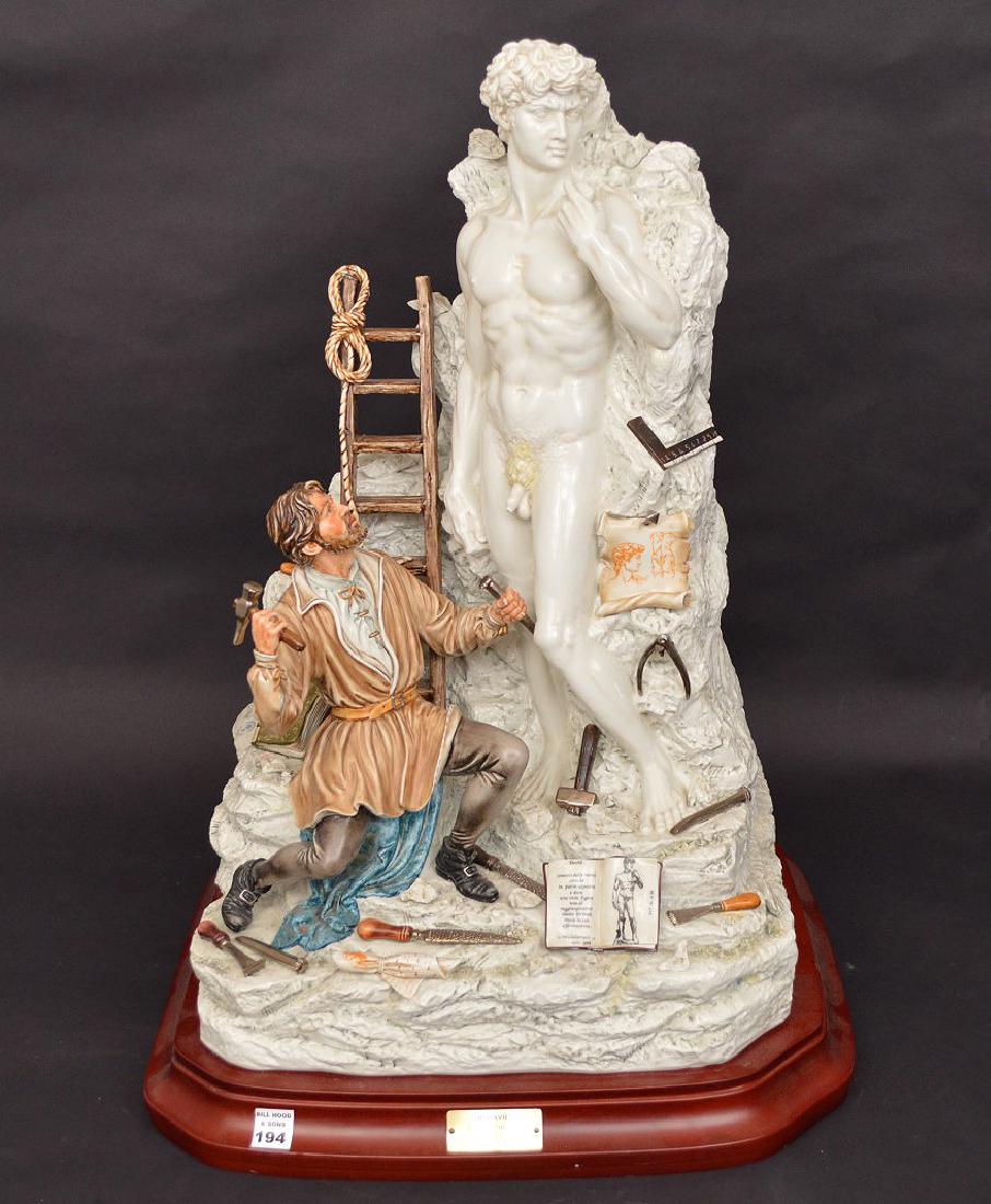 Capo di Monte Limited Edition Figural Sculpture of: Capo di Monte Limited Edition Figural Sculpture of Michelangelo Creating David?Italian, 20th Century?Il David de Michelangelo…..?The bottom of sculpture incised, “Cortese, Modello Depositato 991, 