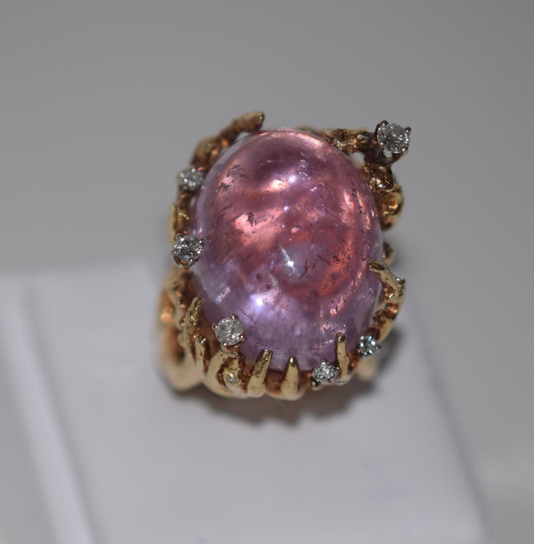 14k Yellow Gold Ring, Pink cabochon Stone with Diamond: 14k Yellow Gold Ring, Pink cabochon Stone with Diamond Accents, Weight 20.1 dwts (stone shows some wear) ring size 4 This item is available for in house shipping contact Maria 561-351-2013 or email gi