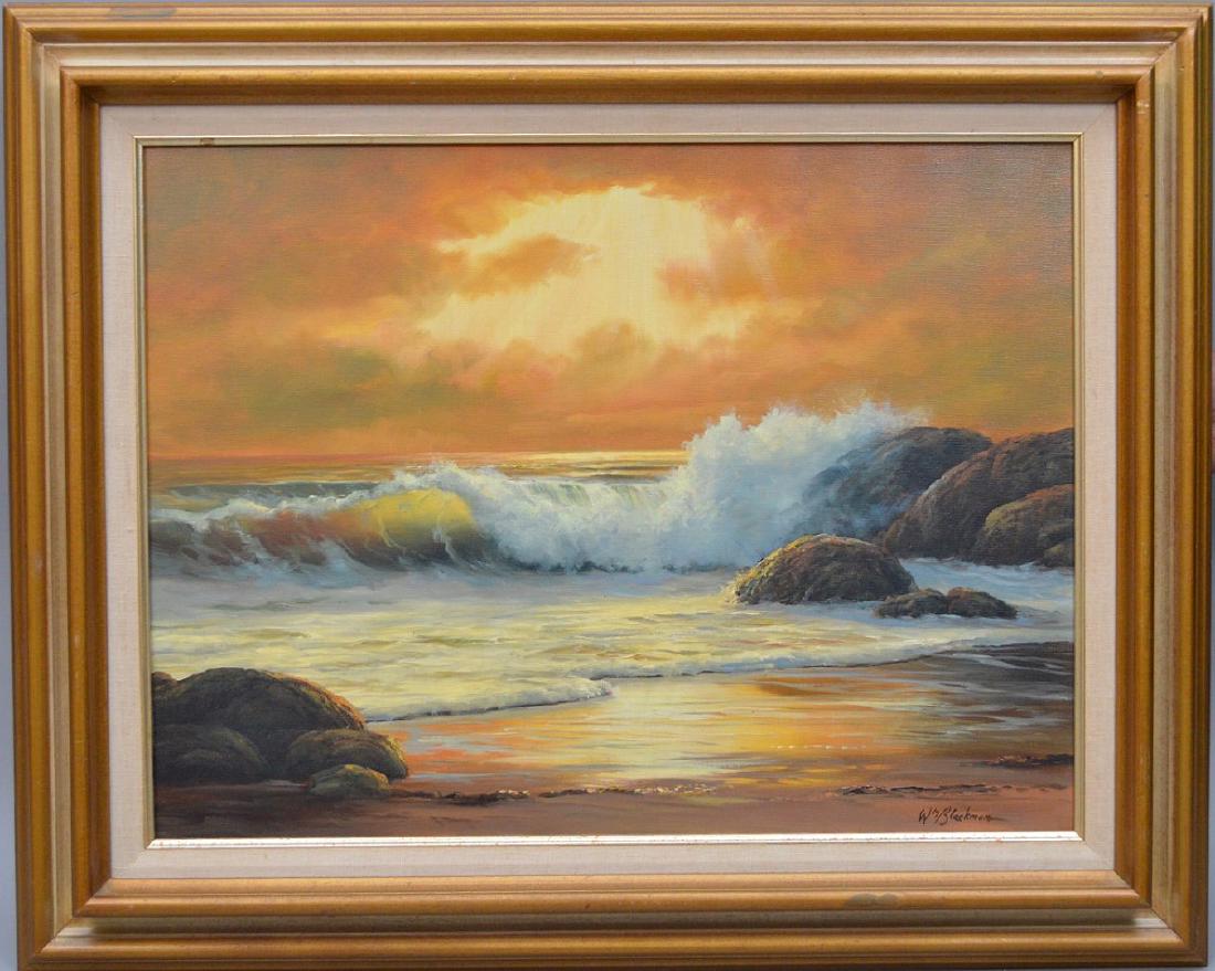 William Henry Blackman (born 1930) oil on canvas,: William Henry Blackman (born 1930) oil on canvas, Sunset Waves, painting size 18 x 24 inches