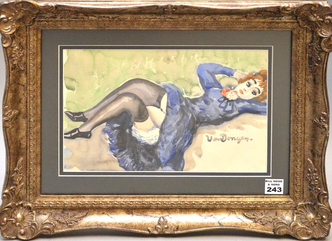 Attributed to: Kees Van Dongen (Netherlands 1877 -: Attributed to: Kees Van Dongen (Netherlands 1877 - 1968) Watercolor reclining woman, 7-1/2 x 11 inches sight. This item is available for in house shipping contact Maria 561-351-2013 or email gidgett63