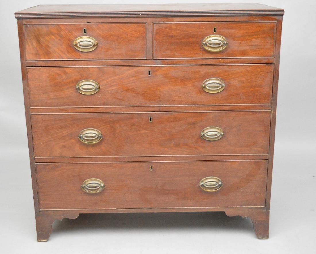 Mahogany chest with 2 side by side drawers over 3: Mahogany chest with 2 side by side drawers over 3 graduated drawers, pine secondary wood, 38"h x 39"w x 18"d (back boards missing) (needs restoring)