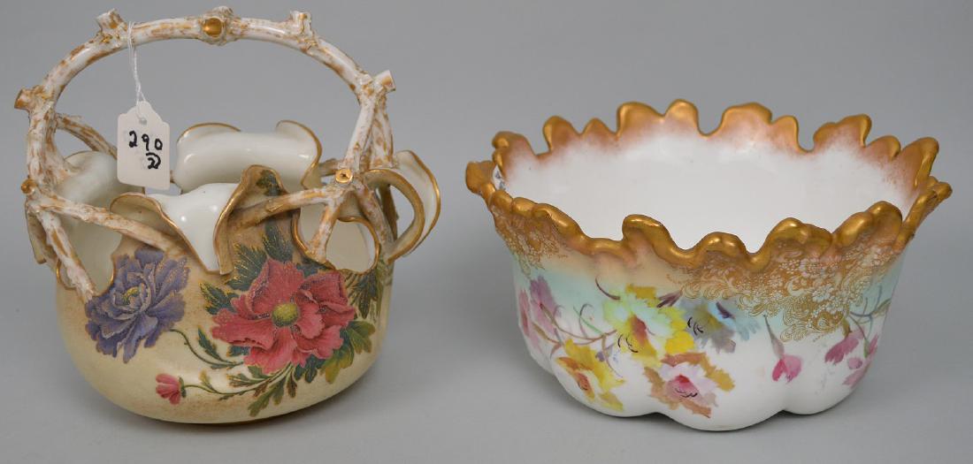 2 porcelain pieces, Belleek basket (7 1/2"h) AND: 2 porcelain pieces, Belleek basket (7 1/2"h) AND Doulton Burlsem bowl (4 1/2"h x 9"w) This item is available for in house shipping contact Maria 561-351-2013 or email gidgett63@gmail.com