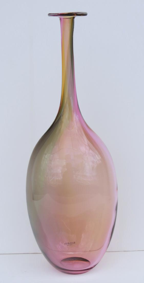 KOSTA BODA Hand Blown FIDJI Glass Bottle Vase by Kjell: KOSTA BODA Hand Blown FIDJI Glass Bottle Vase by Kjell Engman; blended colors of pink, amber, green and blue in an elongated globular form with long narrow neck and wide flanged rim; 14 ¼ inches high