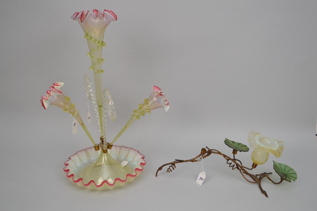 Glass Victorian Epergne (one break to ruffled rim) Sold: Glass Victorian Epergne (one break to ruffled rim) Sold with metal and glass leaf and flower vase (missing one flower vase)