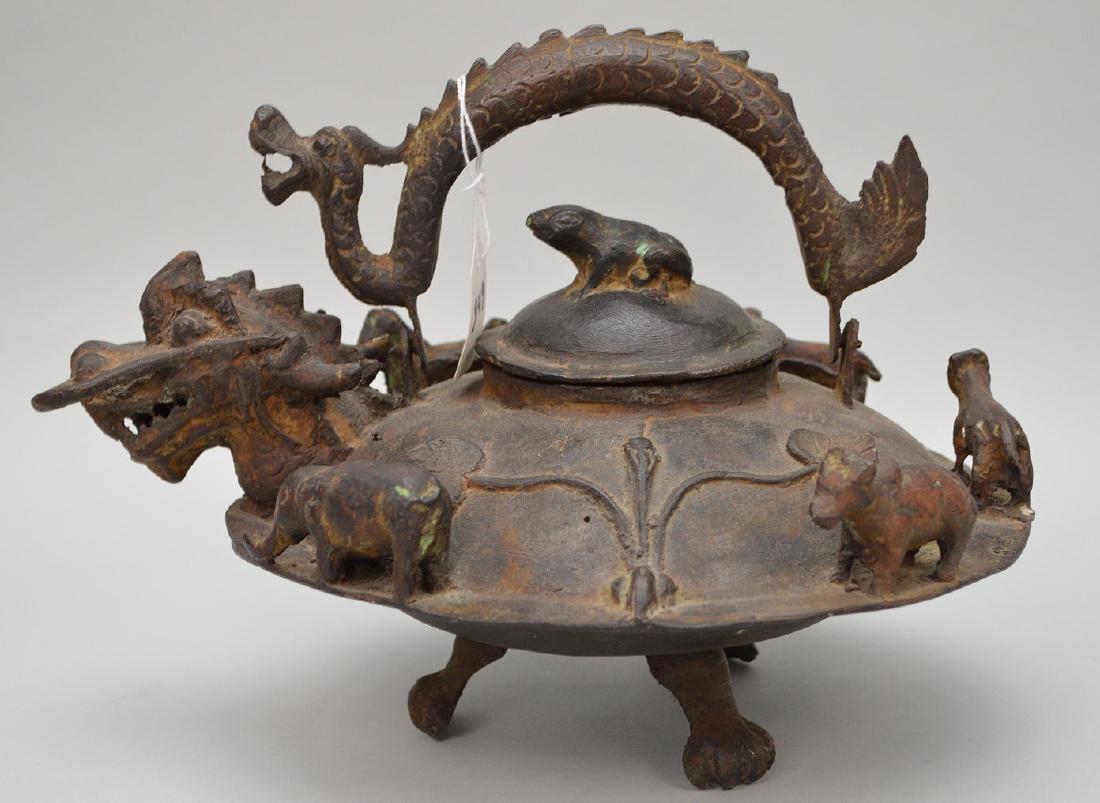 Ealry Ornate Chinese iron tea kettle. Condition: minor: Ealry Ornate Chinese iron tea kettle. Condition: minor nromal wear.