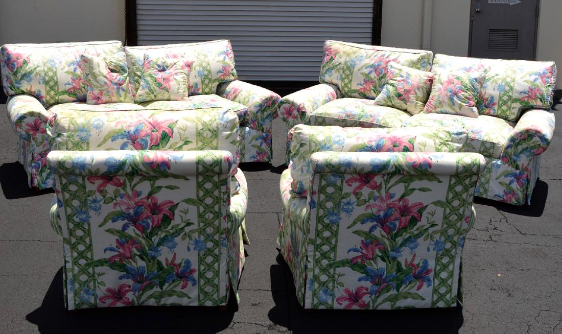 4 piece floral upholstered Florida Room suite, incl;: 4 piece floral upholstered Florida Room suite, incl; pair sofas, each with 4 cushions and 2 arm chairs (some wear to arms of chairs) each with ottoman