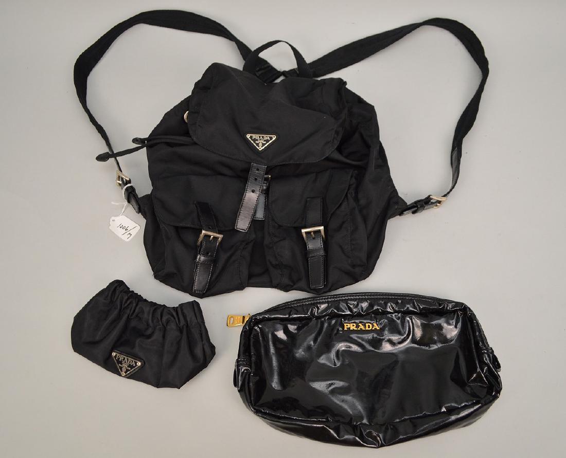 3 Prada Bags. 1 Nylon Backpack 11 x 13", Small makeup: 3 Prada Bags. 1 Nylon Backpack 11 x 13", Small makeup nylon bag 6 x 4" and vinyl bag x 6" normal wear. This item is available for in house shipping contact Maria 561-351-2013 or email gidgett63@gmail.