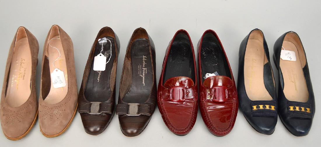 3 Salvatore Ferragamo Size 7.5-8, Tan Suede pumps shows: 3 Salvatore Ferragamo Size 7.5-8, Tan Suede pumps shows wear on sole, Brown leather shows wear on sole and Black flats shows wear on sole. See pics. This item is available for in house shipping contac