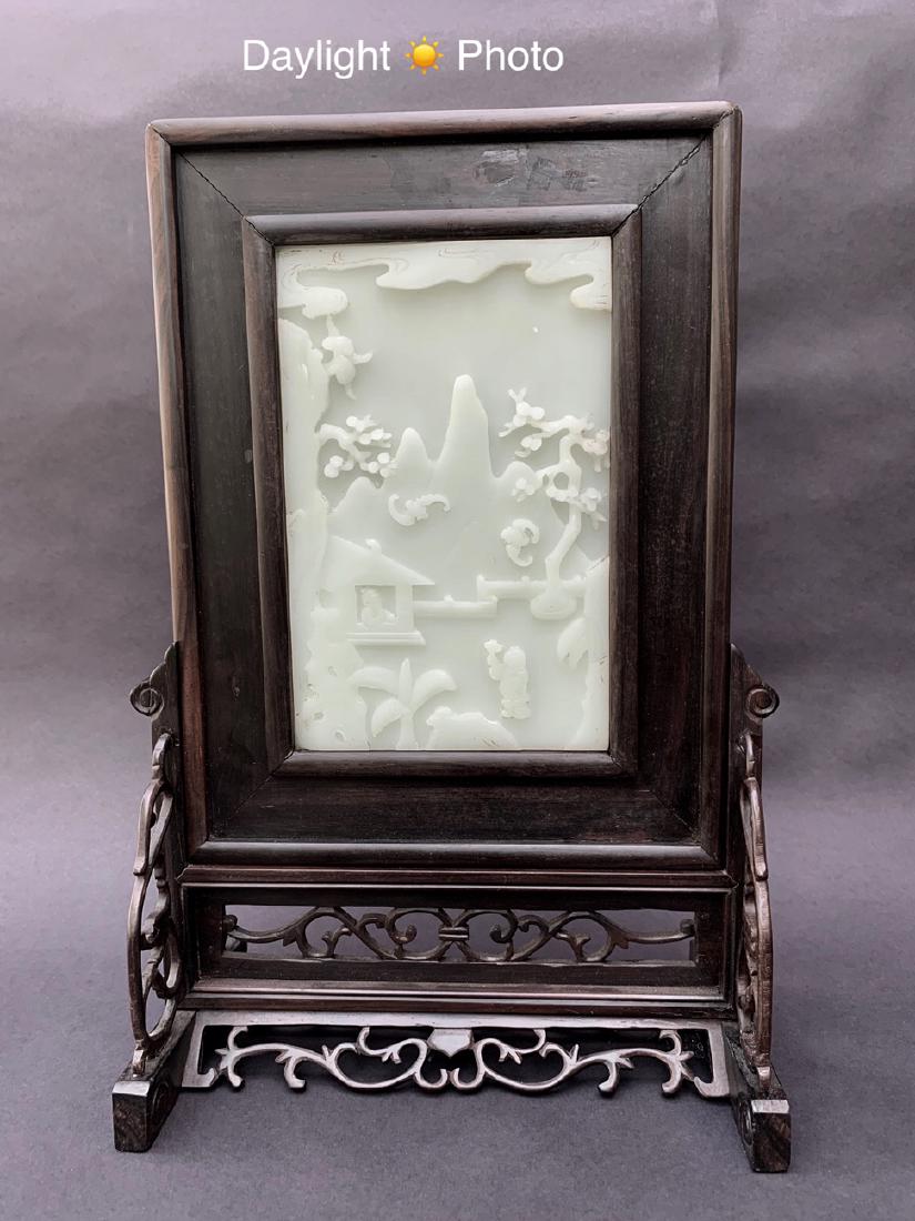 Chinese Carved White Jade Table Screen with landscape (1 of 4)