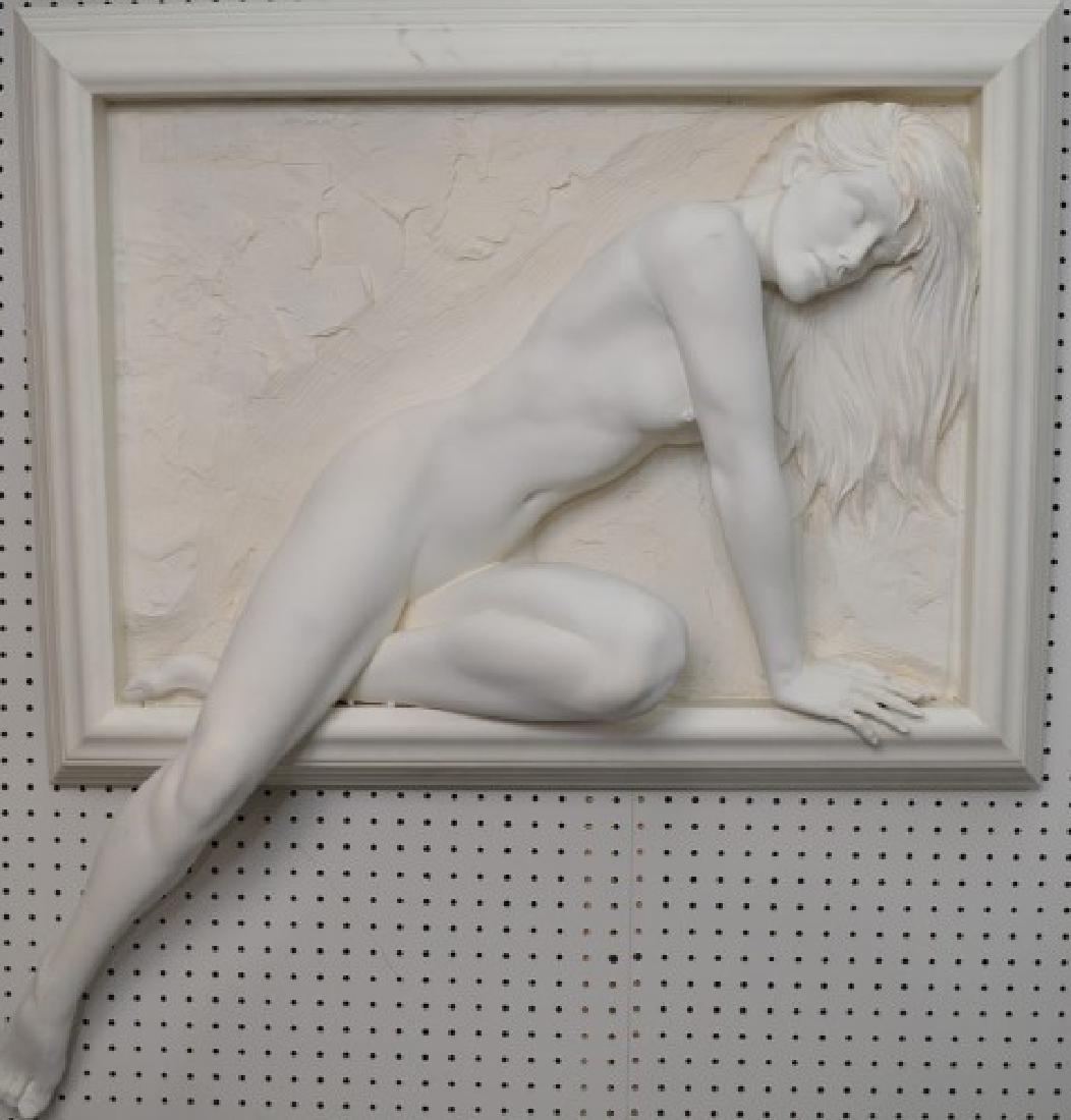 Bill Mack (b. 1949) American, 20th Century, Bonded sand: Bill Mack (b. 1949) American, 20th Century, Bonded sand patina relief sculpture, Depicts female nude within a frame. Signed on the upper left, Â“Bill Mack", 36" x 28" overall, leg is 14" off of fra