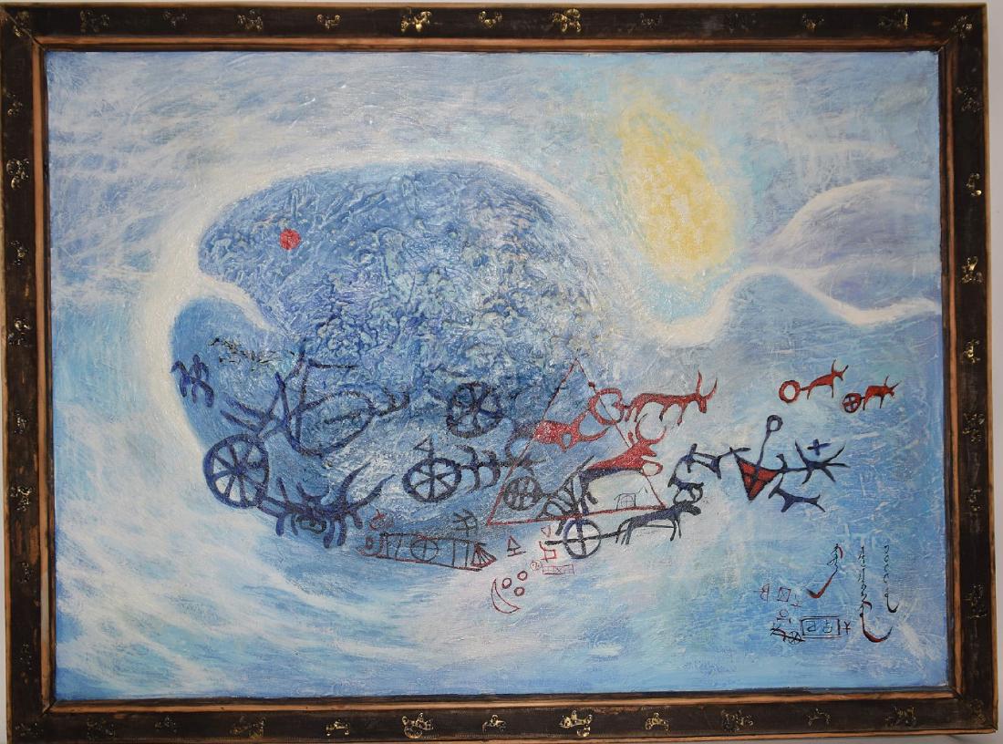 MODERN OIL PAINTING BY TS TSEGMED (20th Century: MODERN OIL PAINTING BY TS TSEGMED (20th Century Mongolian Artist) frame (35 1/2 in. h by 39 in. w), painting (31 in. h by 35 in. w)