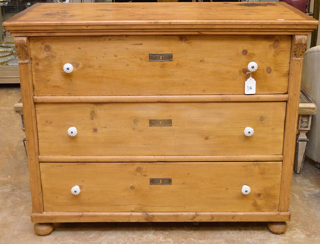 Pine Continental 3 drawer chest with milk glass knobs, (1 of 6)