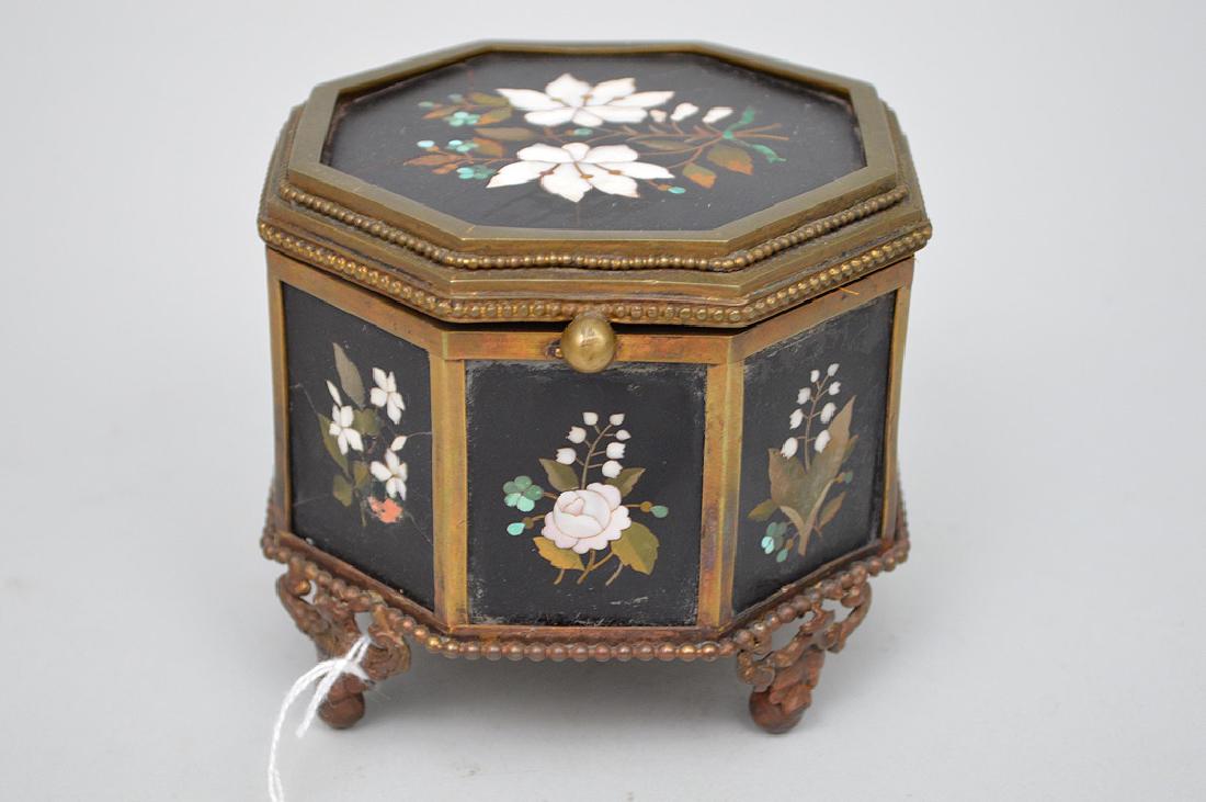 Octagonal Pietra Dura & gilt metal box, 3 5/8"h x 4 (1 of 8)