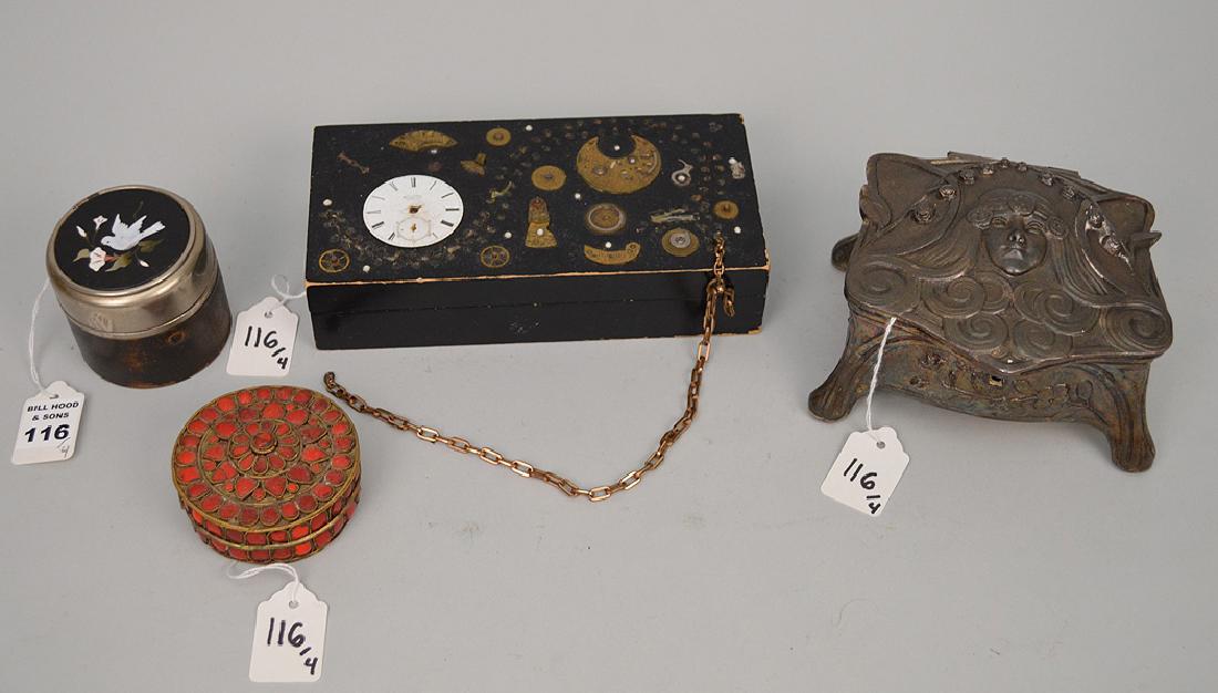 4 antique boxes; silverplated box, Art Nouveau box (3 (1 of 8)
