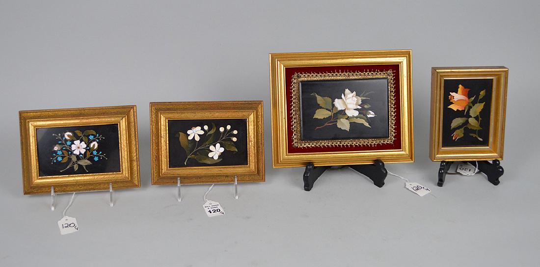 4 antique framed Pietra Dura plaques;  white rose on (1 of 8)